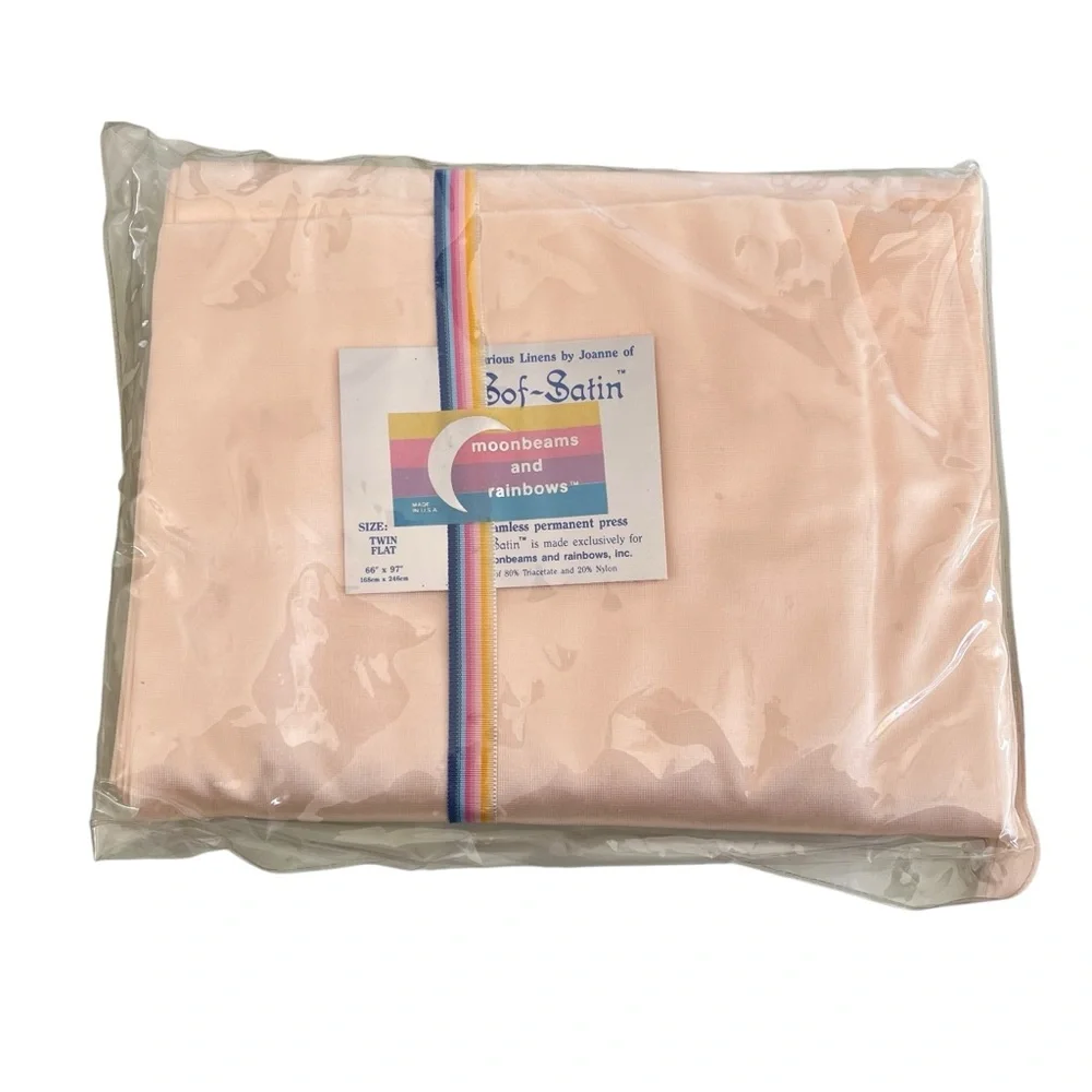 NEW Vintage Peach Satin Twin Sheet Set Moonbeams and Rainbows Sof-Satin